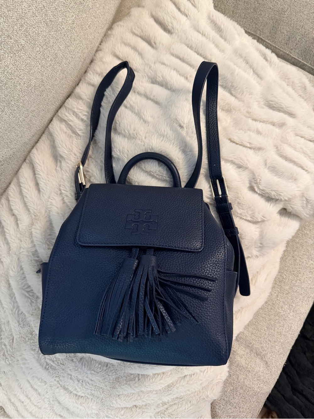 Tory Burch Dark Navy Pebbled Leather Tassel Backpack